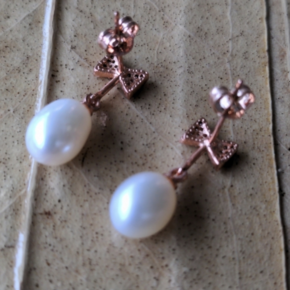 925 sterling silver dangle earrings with natural pearls, 14K rose gold plated - Picture 3 of 9